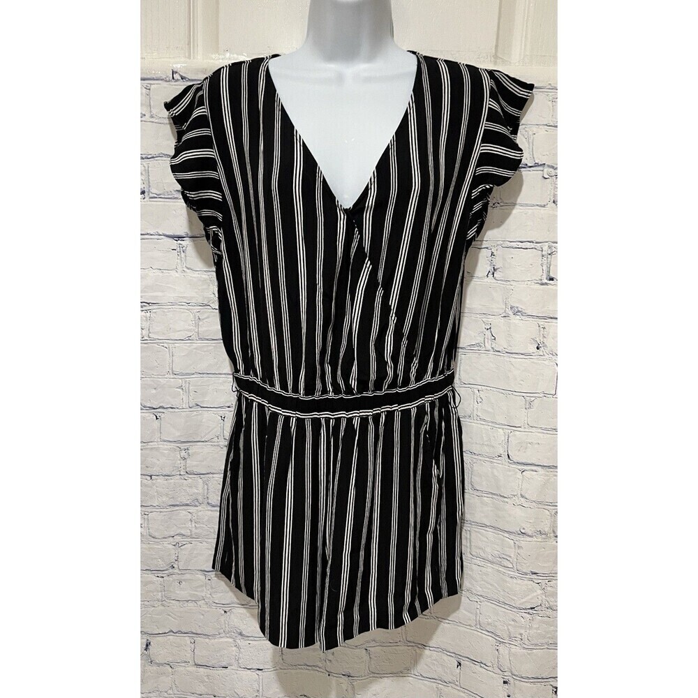 Ann Taylor Loft Women's Black White Stripe Short Sleeve With Belt Romper Small
